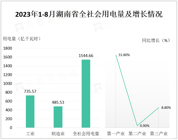 2023年1-8月湖南省全社会用电量及增长情况