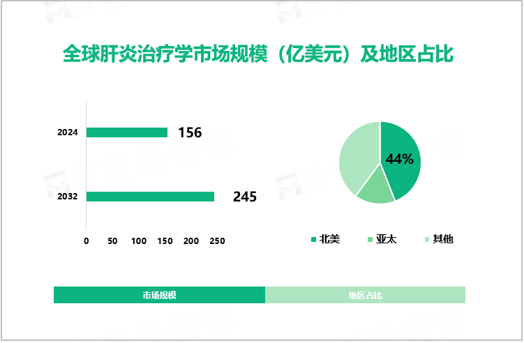 全球肝炎治疗学市场规模（亿美元）及地区占比