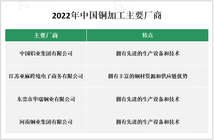 2022年中国铜加工主要厂商