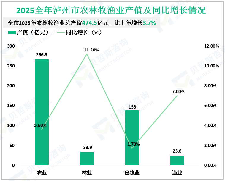 2025全年泸州市农林牧渔业产值及同比增长情况