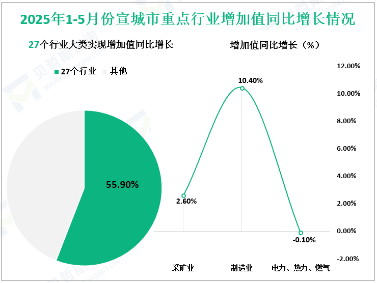 2025年1-5月份宣城市重点行业增加值同比增长情况