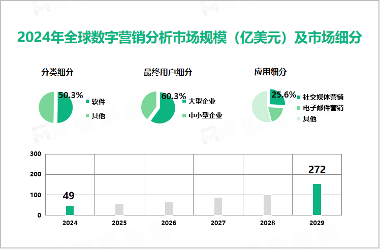 2024年全球数字营销分析市场规模（亿美元）及市场细分 