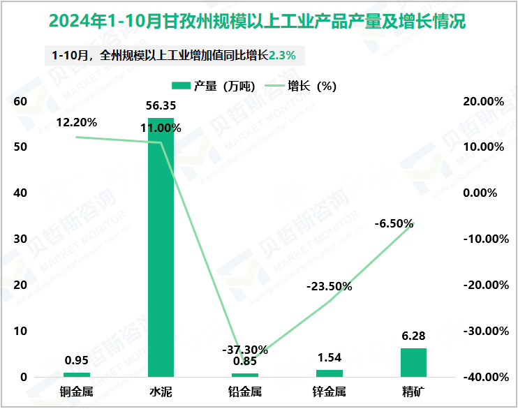 2024年1-10月甘孜州规模以上工业产品产量及增长情况