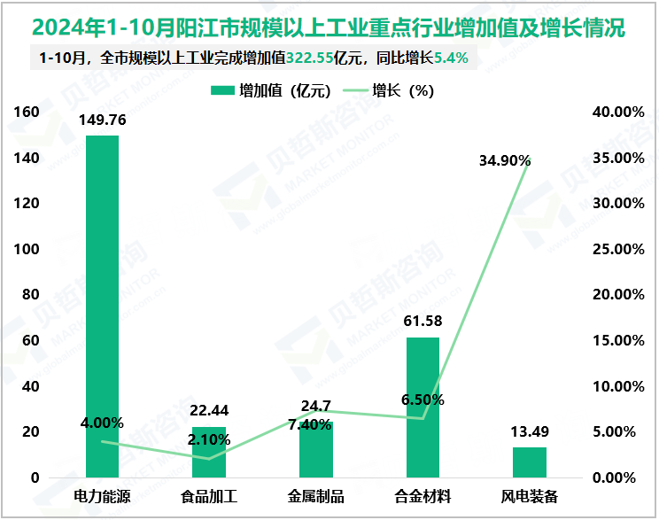 2024年1-10月阳江市规模以上工业重点行业增加值及增长情况