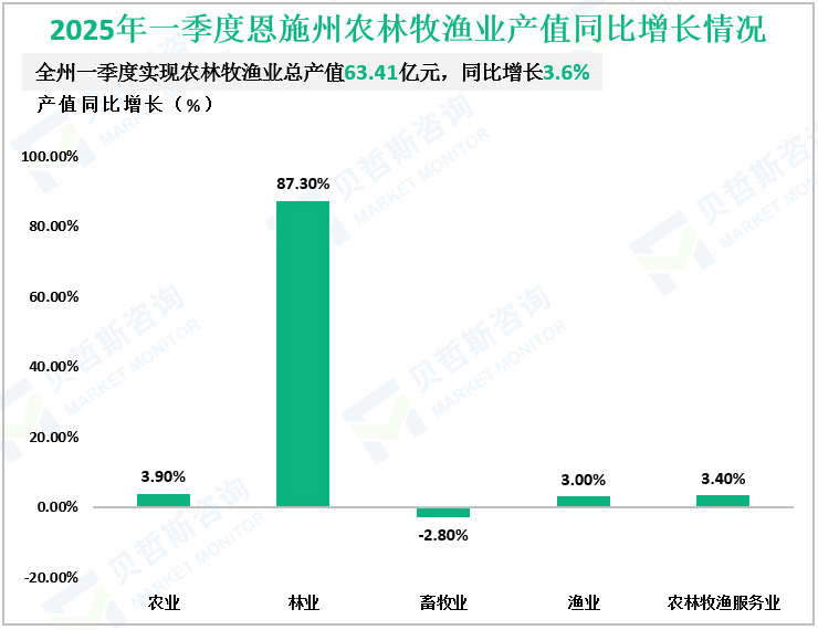 2025年一季度恩施州农林牧渔业产值同比增长情况