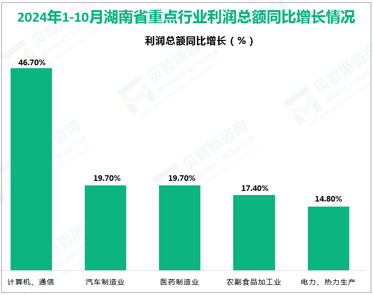 2024年1-10月湖南省重点行业利润总额同比增长情况