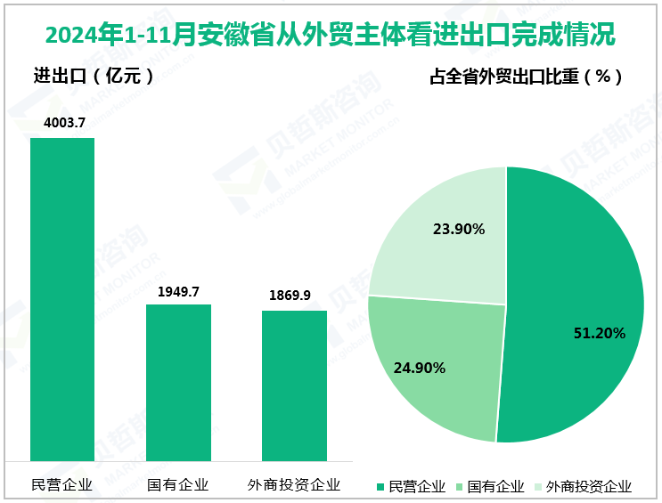 2024年1-11月安徽省从外贸主体看进出口完成情况