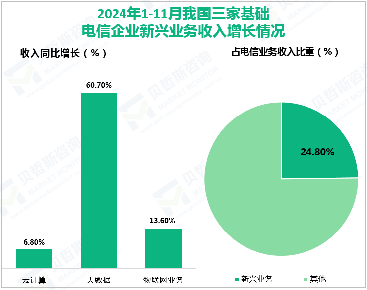 2024年1-11月我国三家基础电信企业新兴业务收入增长情况