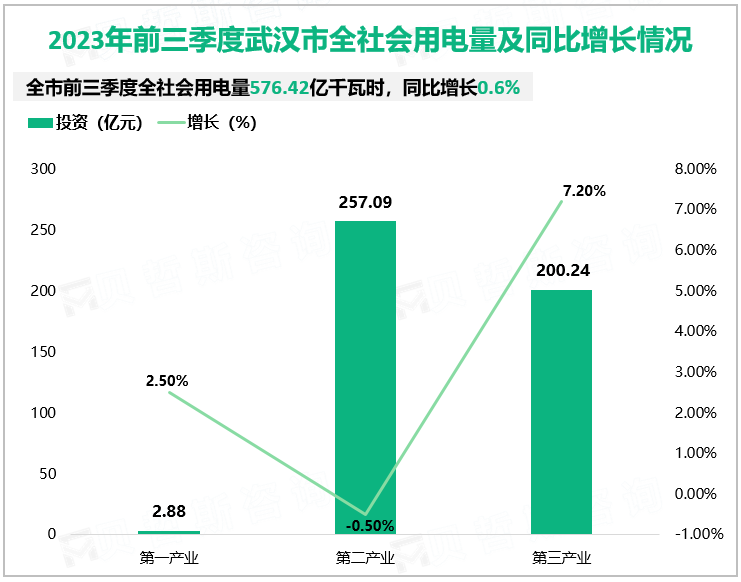 2023年前三季度武汉市全社会用电量及同比增长情况