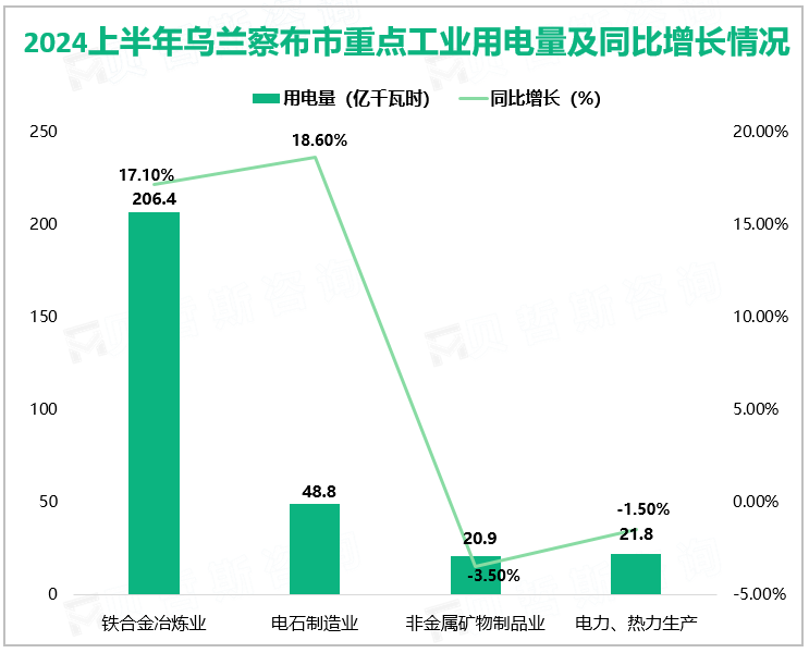 2024上半年乌兰察布市重点工业用电量及同比增长情况