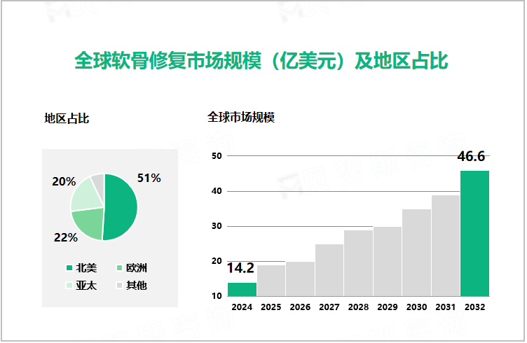 全球软骨修复市场规模（亿美元）及地区占比