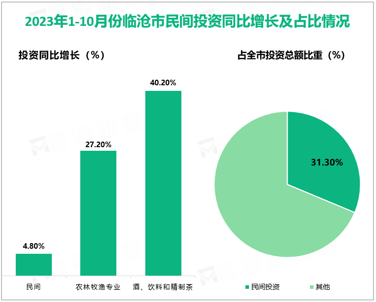 2023年1-10月份临沧市民间投资同比增长及占比情况