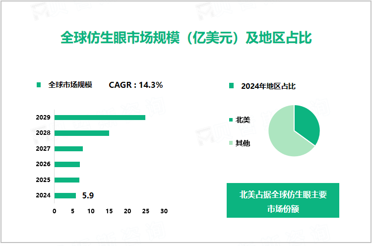 全球仿生眼市场规模（亿美元）及地区占比