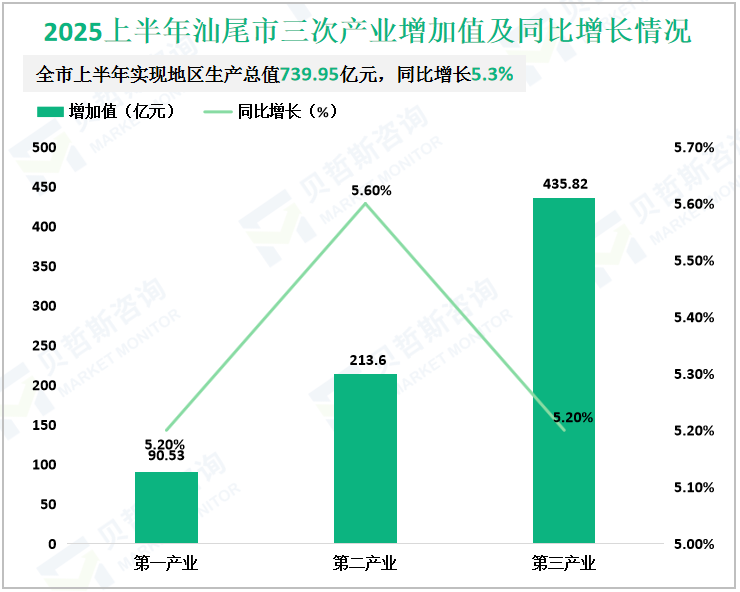 2025上半年汕尾市三次产业增加值及同比增长情况