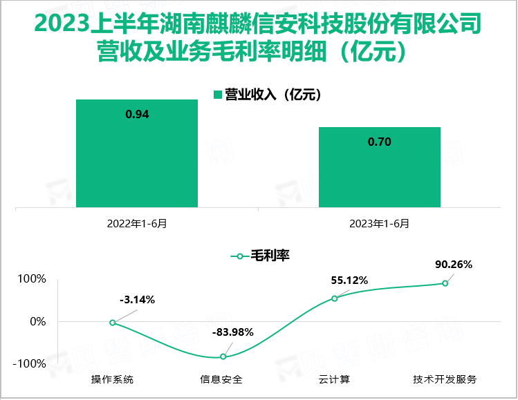 2023上半年湖南麒麟信安科技股份有限公司 营收及业务毛利率明细（亿元）