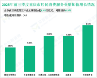 2025年前三季度重庆市第三产业实现增加值1.45万亿元，同比增长6.3%