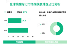 核酸标记发展概况：2024年全球市场规模为26.9亿美元，北美占比最大