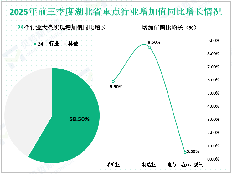 2025年前三季度湖北省重点行业增加值同比增长情况