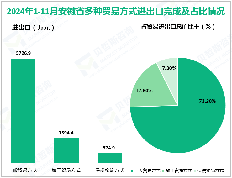 2024年1-11月安徽省多种贸易方式进出口完成及占比情况