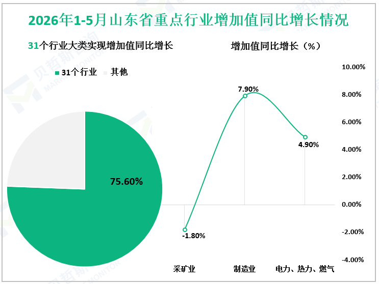 2026年1-5月山东省重点行业增加值同比增长情况