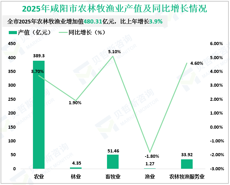 2025年咸阳市农林牧渔业产值及同比增长情况