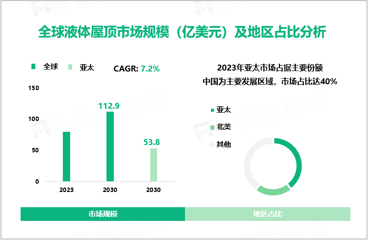 全球液体屋顶市场规模（亿美元）及地区占比分析 