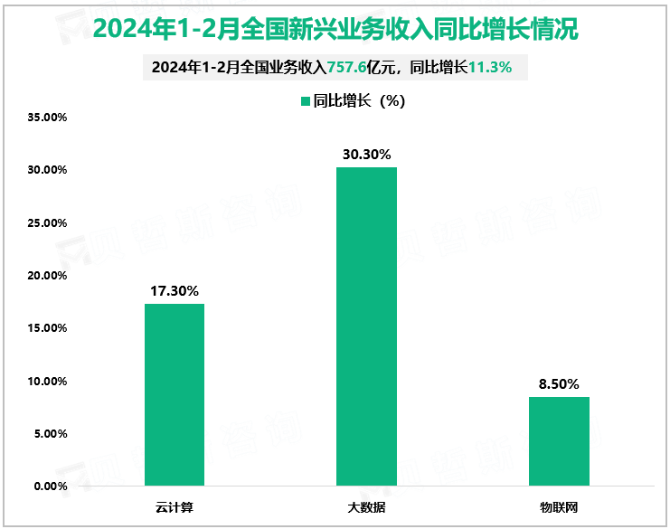 2024年1-2月全国新兴业务收入同比增长情况