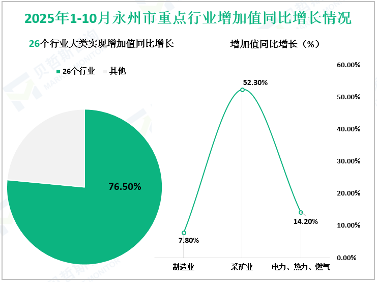 2025年1-10月永州市重点行业增加值同比增长情况