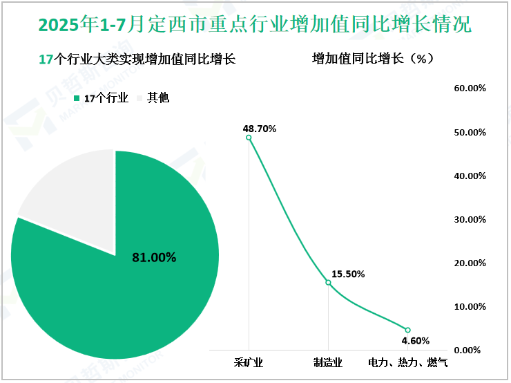 2025年1-7月定西市重点行业增加值同比增长情况