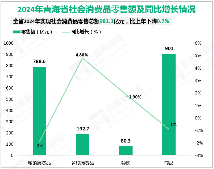 2024年青海省社会消费品零售额及同比增长情况