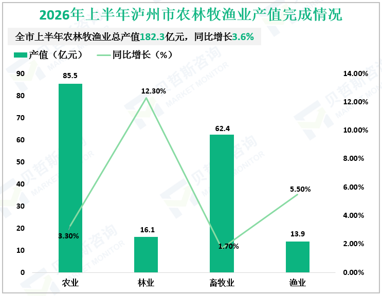 2026年上半年泸州市农林牧渔业产值完成情况