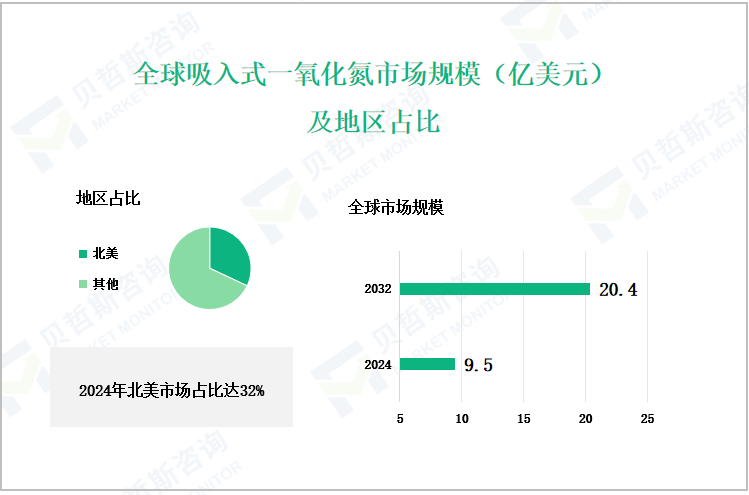 全球吸入式一氧化氮市场规模（亿美元）及地区占比