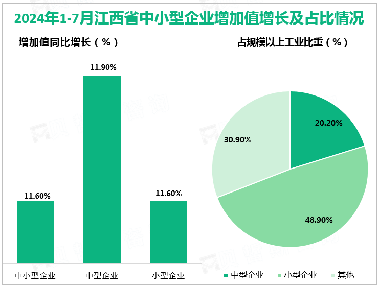 2024年1-7月江西省中小型企业增加值增长及占比情况