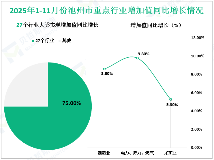 2025年1-11月份池州市重点行业增加值同比增长情况
