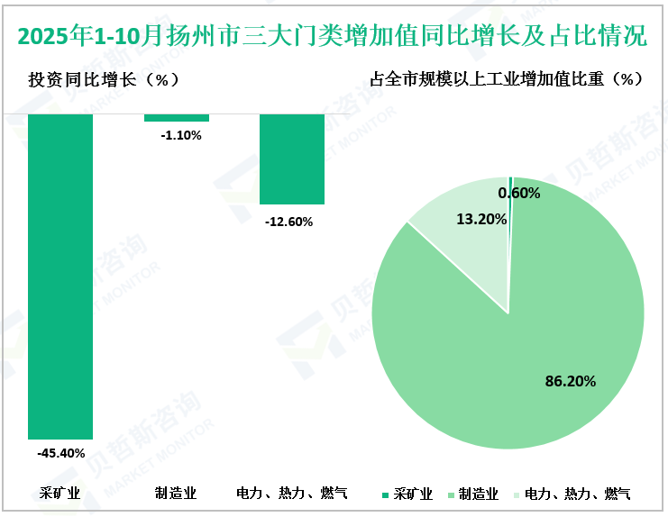 2025年1-10月扬州市三大门类增加值同比增长及占比情况