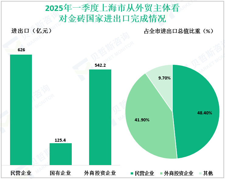 2025年一季度上海市从外贸主体看对金砖国家进出口完成情况