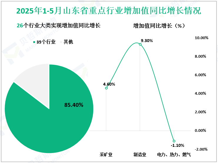 2025年1-5月山东省重点行业增加值同比增长情况