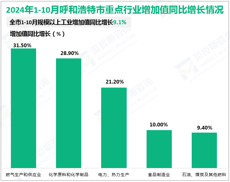 2024年1-10月呼和浩特市重点行业增加值同比增长情况