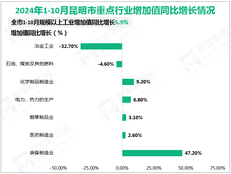 2024年1-10月昆明市重点行业增加值同比增长情况