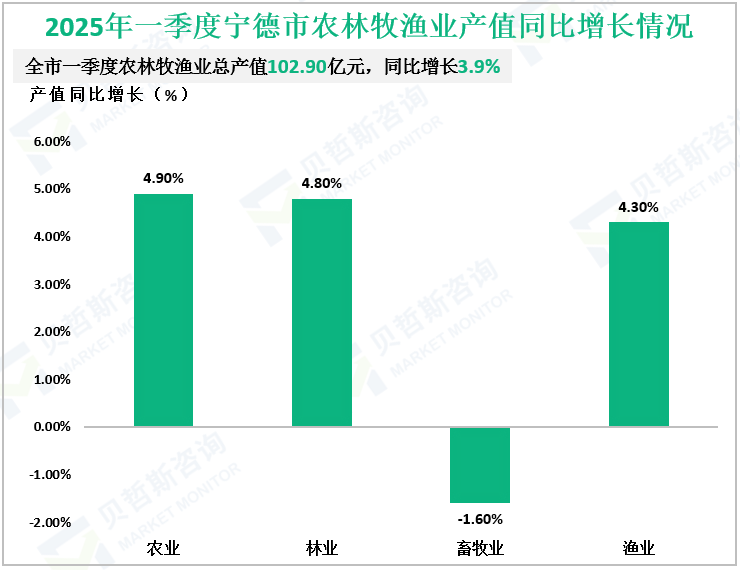 2025年一季度宁德市农林牧渔业产值同比增长情况