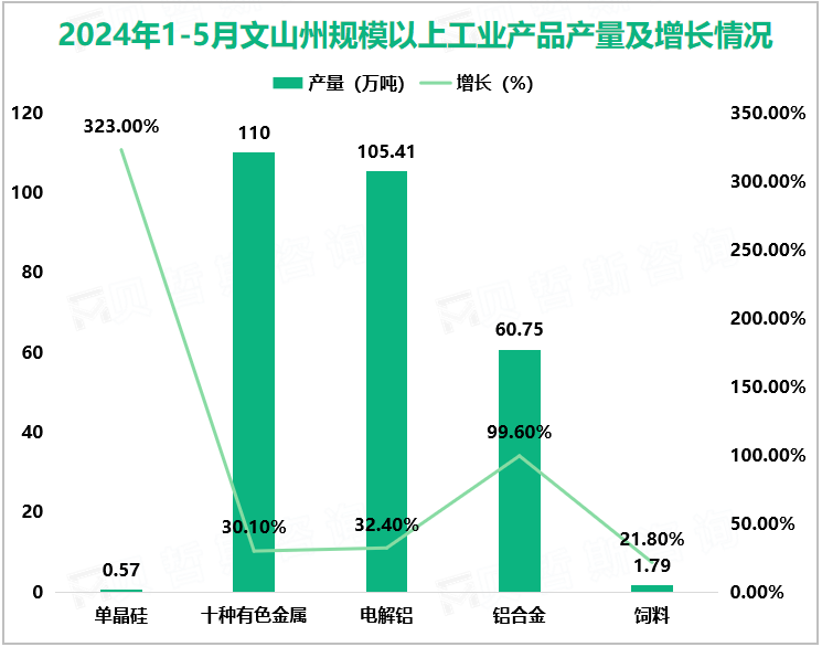 2024年1-5月文山州规模以上工业产品产量及增长情况