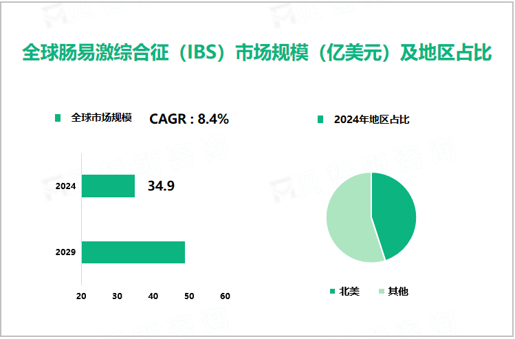 全球肠易激综合征（IBS）市场规模（亿美元）及地区占比