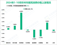 2024年1-10月忻州市限额以上消费品零售额完成95.9亿元，同比下降2.3%