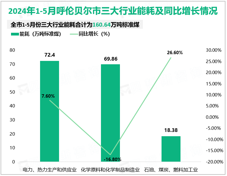 2024年1-5月呼伦贝尔市三大行业能耗及同比增长情况