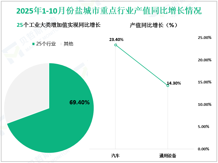 2025年1-10月份盐城市重点行业产值同比增长情况