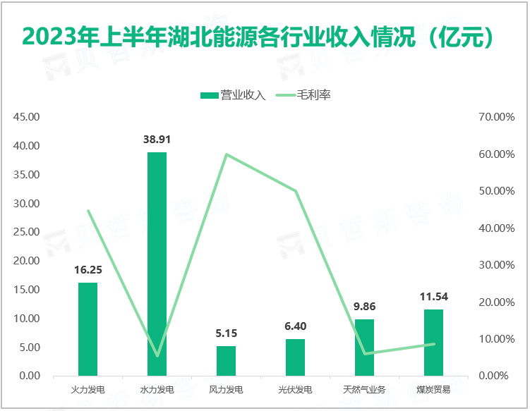 2023年上半年湖北能源各行业收入情况（亿元）