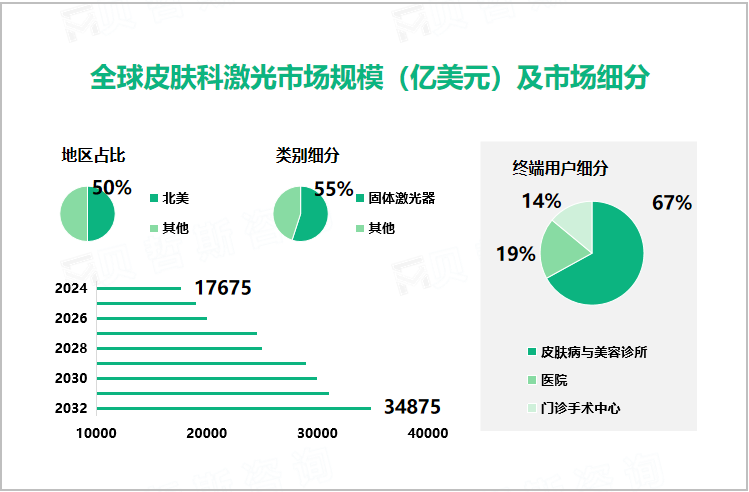 全球皮肤科激光市场规模（亿美元）及市场细分