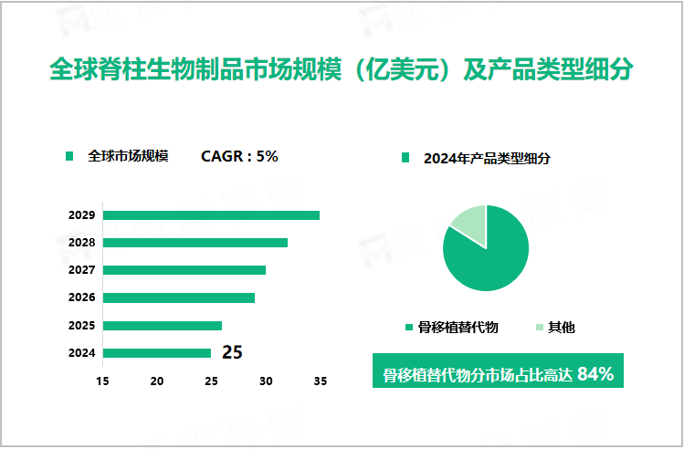 全球脊柱生物制品市场规模（亿美元）及产品类型细分