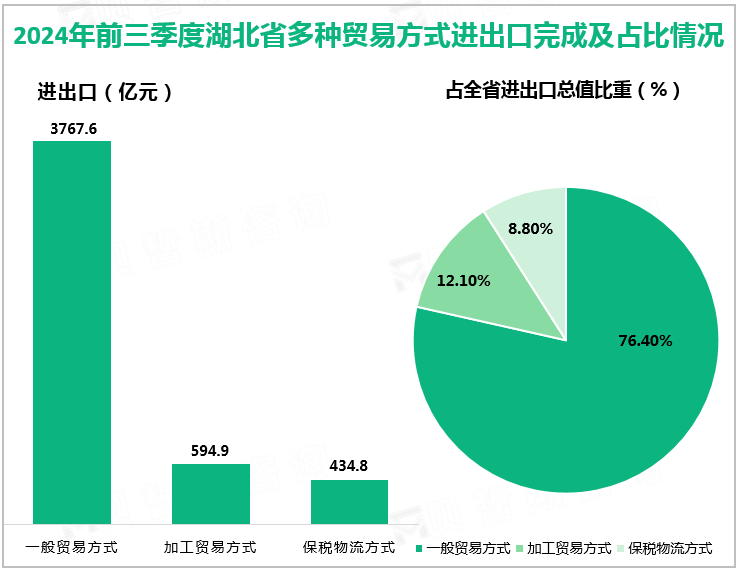 2024年前三季度湖北省多种贸易方式进出口完成及占比情况