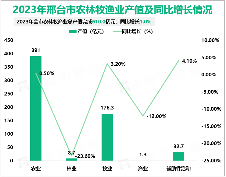 2023年邢台市农林牧渔业产值及同比增长情况